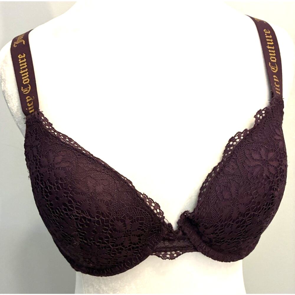 Juicy Couture Dark Purple Lace Push Up Bra 34C Underwire Padded Logo Straps